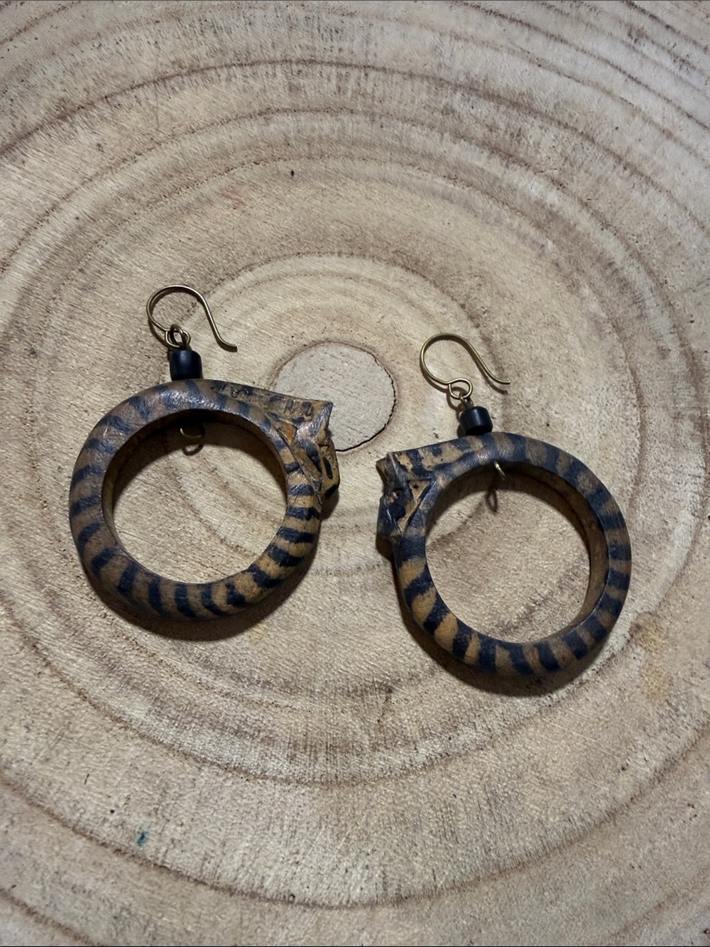 Vintage 2.5” Handcrafted Brown & Black Striped Zebra Wooden Earrings